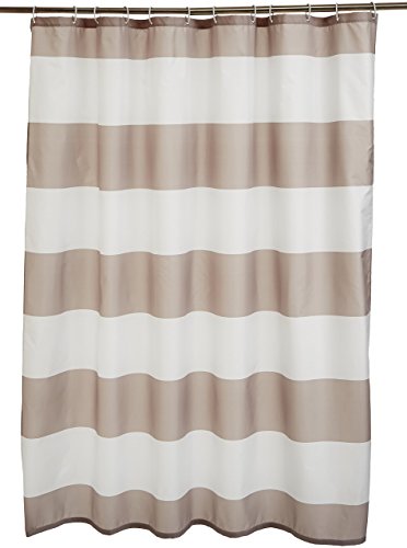 Amazon Basics Shower Curtain with Hooks, Water and Mould Resistant Fabric, Machine Washable Bathroom Curtain, 183 x 183 cm, Grey Striped