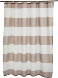 Amazon Basics Shower Curtain with Hooks, Water and Mould Resistant Fabric, Machine Washable Bathroom Curtain, 183 x 183 cm, Grey Striped