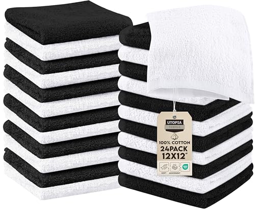 Utopia Towels Cotton Washcloths Set - Pack of 24-100% Ring Spun Cotton, Premium Quality Flannel Face Cloths, Highly Absorbent and Soft Feel Fingertip Towels (24 Pack, Black, White)