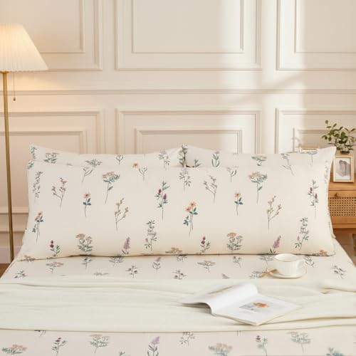 "Cozaline Body Pillowcase 100% Cotton Pillow case, 1-Piece Cream Floral Cute Pillow Cover, Ultra Soft Breathable Envelope Closure Pillow Case Set (Body, 20""x54"")"