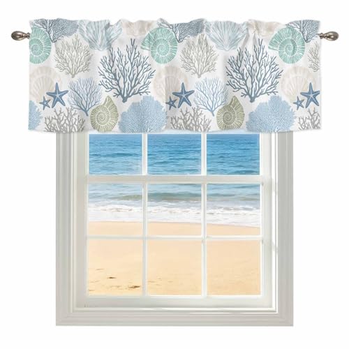 Coral Valance for Windows Starfish Seashell Curtains Valances Blue Ocean Coastal Short Curtains Rod Pocket Window Treatment for Kitchen Living Room Bedroom Bathroom Summer Beach Decor 1 Panel 60x18