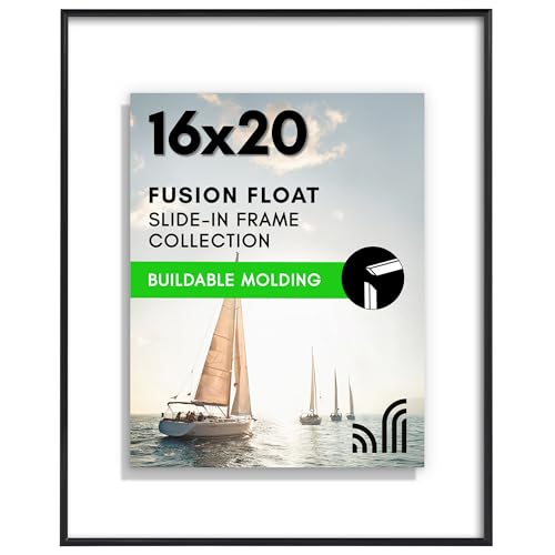 Americanflat 16x20 Floating Picture Frame with Shatter-Resistant Glass - Fits 11x14 Photos or Smaller- Slide-in Photo Frame - Fusion Float Collection - Floating Frame for Wall Display - Black
