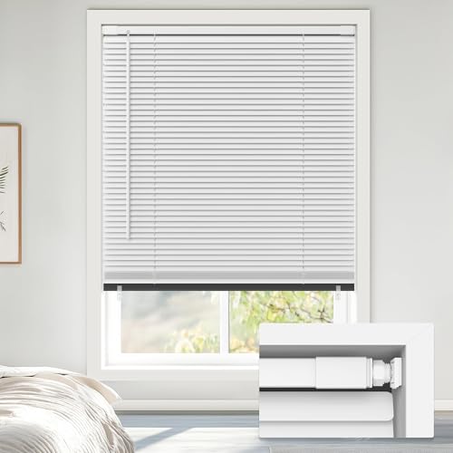 "LazBlinds No Drill Blackout Vinyl Mini Blinds, White 26.5""x48"" - No tools needed. Child-safe cordless lift. 100% blackout for total privacy. Durable, easy clean."