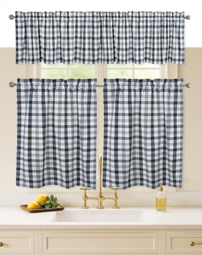 Softopia Cotton Light & Dark Grey Gingham 3 Piece Window Curtain Set, 2 Tiers 26x36 Inch and 1 Valance 54x18 Inch, Semi Sheer Rod Pocket Short Curtains for Kitchen, Living Room, Bedroom and Bathroom
