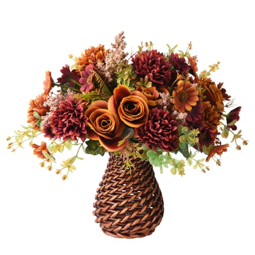 Homsunny Fall Artificial Flowers in Vase, Silk Flowers Arrangements, Fake Rose Bouquets with Vase for Home Office Dinning Room Table Kitchen Desktop Decoration (Brown)