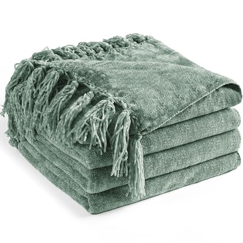 "LONG CREATE Chenille Throw Blanket for Couch 60""X 80"" Twin, Soft Cozy Throw Blanket with Fringe Tassel for Bed Sofa Chair, Lightweight Knitted Decorative Farmhouse Boho Blanket for Gift, Sage Green"