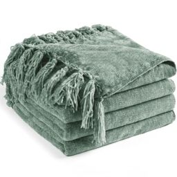 "LONG CREATE Chenille Throw Blanket for Couch 60""X 80"" Twin, Soft Cozy Throw Blanket with Fringe Tassel for Bed Sofa Chair, Lightweight Knitted Decorative Farmhouse Boho Blanket for Gift, Sage Green"
