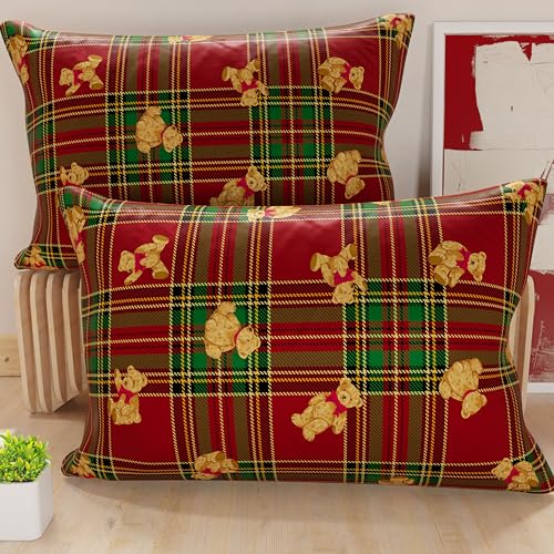 PETTI Italian Artisans - Pair of 30x50 cm Microfiber Cushion Covers, Christmas Pillow Cases, Christmas Decor Cushions for Bedroom, Sofa, Set of 2 Cushion Covers, Tartan Teddy Bear Pillow Case