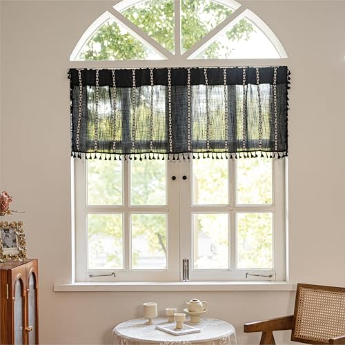 "Sutuo Home Boho Valance Curtain Tier 36 inches for Kitchen Cafe Closet, Short Farmhouse Vintage Tassels Window Treatment Bohemian Stripe Embroidery Drape Rod Pocket 1 Panel 52"" W x 36"" L, Black"