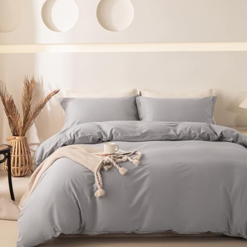 "OAITE 100% Washed Cotton Duvet Cover Queen Size Soft Breathable Durable Bedding with Zipper Closure & 8 Corner Ties- 3 Pieces Plain Simple Duvet Cover Set,2 Pillow Shams,1 Duvet Cover(90""x90"")"