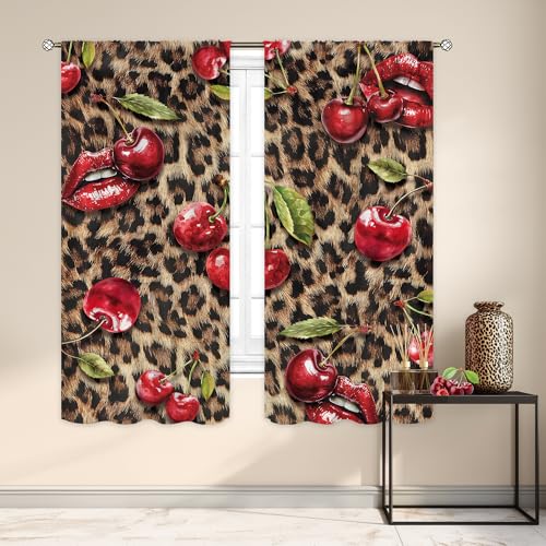 "Leopard Cherry Brown Red Lips Wild Art Living Room Bedroom Window Curtains - 42""W x 63""L Safari Animal fade-proof print, 2 panels, rod pocket, easy to install and washable."