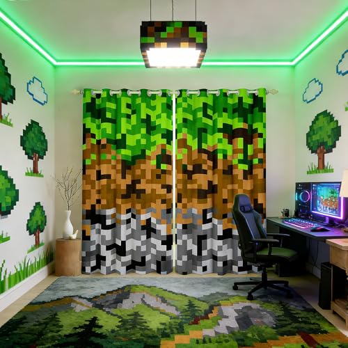 Miners Pixelated Games Window Curtain,Green Brown Grey Plaid Blackout Window Treatment,Kids Teens Adult Geometric Block Bedroom Curtains Modern Video Games Living Room Decor Top 2 Panels,38Wx45L