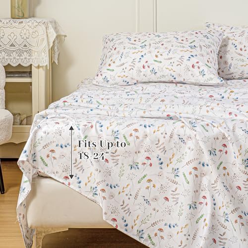 MEISHANG Queen Sheet Set - Ultra Soft Floral Sheets Extra Deep Pocket Fitted 18-24 Inch 100% Microfiber,1800 Thread Count Floral Bed Sheets Oeko-Tex Certificated 4 Pieces - White Flower