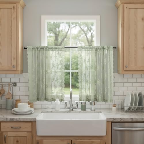 Kotile Sage Green Sheer Curtains 54 Inch Length, Rustic Floral Sheer Lace Curtains for Bedroom, Privacy Scalloped Green Lace Curtains, 52 x 54 Inch, 2 Panels, Sage Green