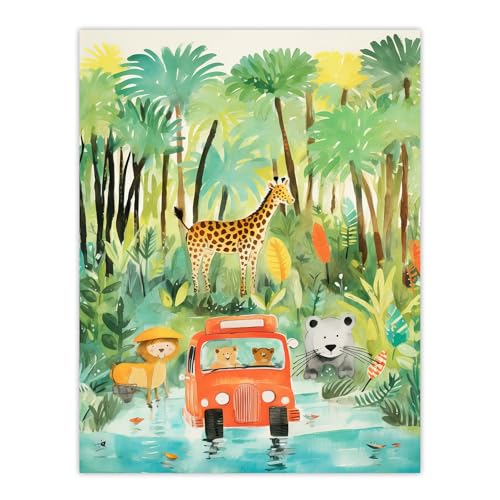Artery8 Jungle Safari Adventure Animals Kids Bedroom Nursery Giraffe Lion Watercolour Artwork Large Wall Art Poster Print Thick Paper 18X24 Inch