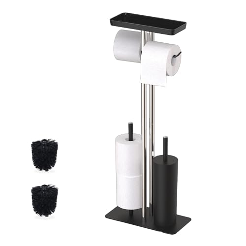 Relaxdays toilet set, stainless steel, shelf & roll holder, freestanding, 3 in 1, HWD: 77x30x15cm, toilet caddy, black