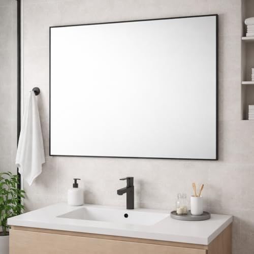Bathroom Aluminium Metal Modern Black Mirror 90 x 60cm – Wall Mounted Rectangular Mirror – Portrait or Landscape Hanging – Sleek Contemporary Frame