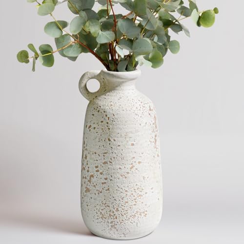 10 inch Rustic Farmhouse White - Decorative Vases with Handle for Centerpieces, Entryway, Kitchen, Living Room, Table Decor, 10 Inch