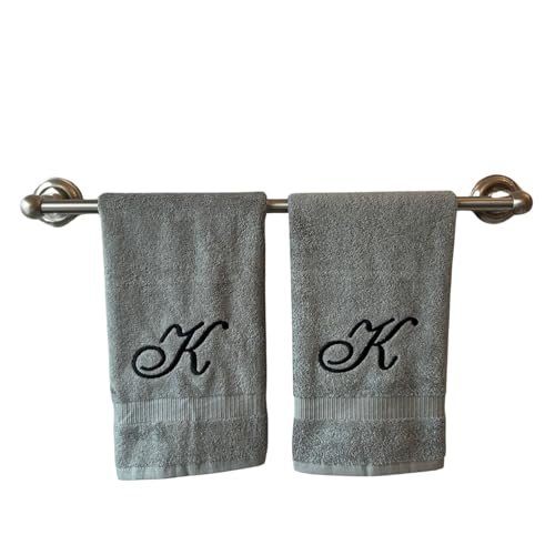 Decorvo Gray Monogrammed Hand Towels for Bathroom - Luxury Hotel Quality Personalized Initial Embroidered Towel for Powder Room, Spa - GOTS Organic Certified - Set of 2 Black Letter K