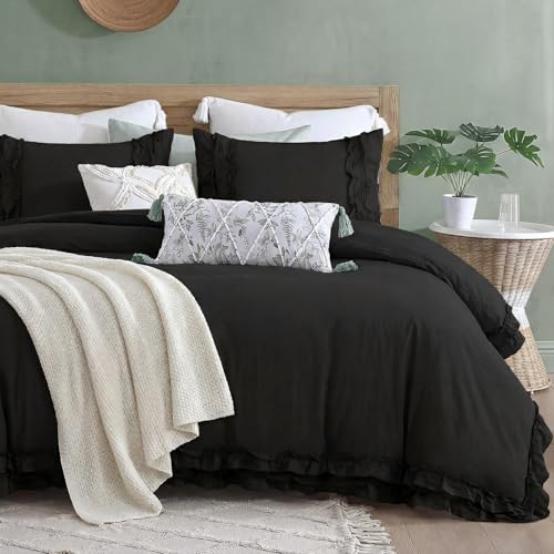 Bedorm Black Boho Comforter Queen Ruffled Bedding Set Black Ruffle Fringe Shabby Chic Bedroom Decor Super Soft Cozy Farmhouse Country Comforter Set