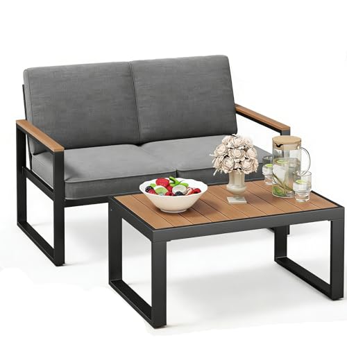RELAX4LIFE 2 Pieces Outdoor Furniture Set, Patio Conversation Sets with 2-Seater Loveseat & 1 Coffee Table, Aluminum Frame Patio Sofa Table Set for Lounge Backyard Poolside