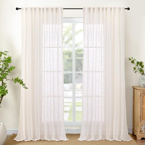 YoungsTex Extra Long Natural Linen Semi Sheer Curtains 108 Inch Length - Light Filtering Drapes with Rod Pocket Back Tab Textured Rustic for Living Room Bedroom Window, 2 Panels, 52 X 108 Inch