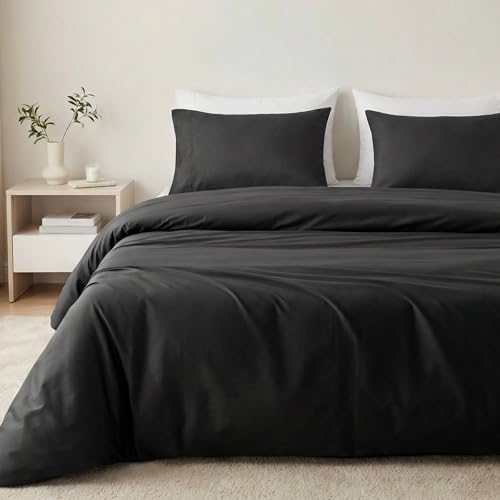 "HeimenAogo Egyptian Cotton Duvet Cover Twin/Twin XL Sateen Weave, Silky Soft and Breathable Bedding Set with Zipper Closure, Long Staple Cotton Bed Linen Moonless Night Black 2Pcs (68""??90"")"