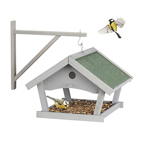 Relaxdays Wooden Birdhouse, Hanging Bird Feeding Table, HxWxD: 35x42.5x40.5 cm, Feeder For Wild Birds, Grey