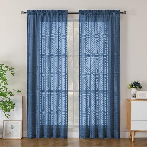 Simplebrand Semi Sheer Dusty Blue Curtains 84 Inches Long 2 Panels, Light Filtering Geometric Jacquard Clip Textured Sheer Curtains for Bedroom???Modern Elegant Window Curtains Drapes???52x84 inch