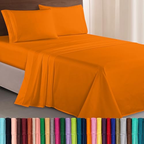 Elegant Comfort Luxurious 1500 Premium Hotel Quality Microfiber Three Line Embroidered Softest 4-Piece Bed Sheet Set, Wrinkle and Fade Resistant, Twin/Twin XL, Orange