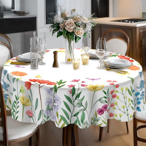 Eikione Tablecloth 60inch,Tablecloth Waterproof and Wrinkle-Free - Flower Butterfly Waterproof Stain-Resistant Table Cloth, Circle Tablecloth Indoor Outdoor Table Cover for Home