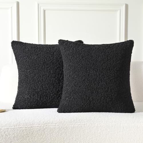 FUTEI Pack of 2 Faux Fur Teddy Boucle Pillow Covers 22x22 Inch, Black - Soft Fluffy Decorative Textured Neutral Pillow Covers, Machine Washable,Accent Solid Couch Pillows Sofa Bed Home Living Room