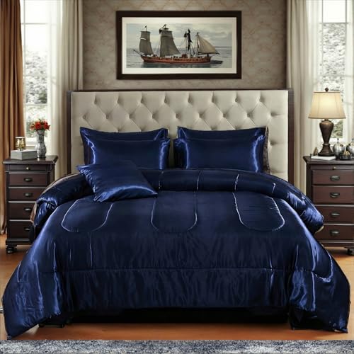 Satin Comforter Set with Sheet Set King Silk Like Blue Bed in a Bag 8 Pieces Luxury Silky Sheets with 1 Comforter, 1 Flat Sheet, 1 Fitted Sheet, 4 Pillowcases, 1 Cushion Cover (King, Navy Blue)