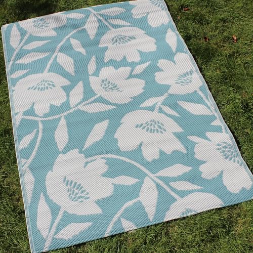 Fusion Luna Collection Outdoor Rug – Duck Egg Blue Floral Botanical Print – Waterproof Picnic Blanket & Beach Mat – Garden Patio Balcony Carpet – 120x170cm Lightweight Weather-Resistant Mat
