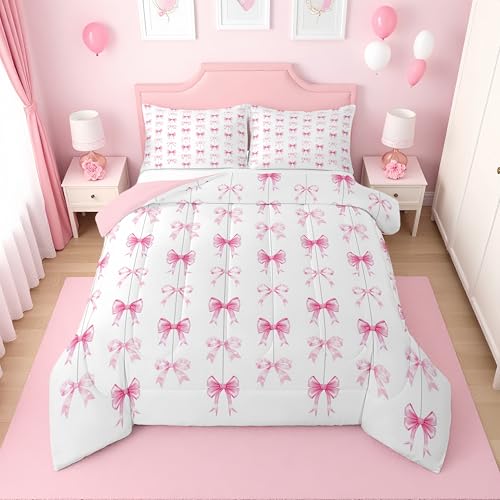 Erosebridal Pink Bow King Comforter Set for Girls - Coquette Bow Tie Bedding Set for Kids Women, Pink Ribbon Bows Kawaii Quilt, Cute Princess Bowtie Bedroom Decor, 2 Pillowcases