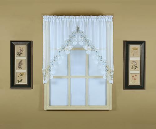 "Today's Curtain, Vintage Macramé Organza Swag 38"", White/Blue, 58"" W x 38"" L"