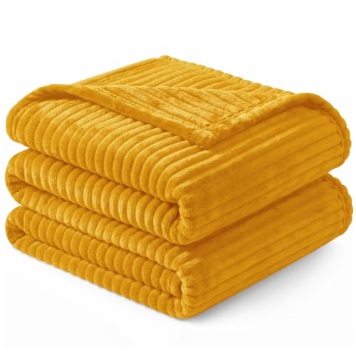 PAVILIA Super Soft Fleece Throw Blanket Twin Yellow Mustard, Fuzzy Plush Flannel Throw, Warm Cozy Ribbed Microfiber Blanket for Sofa Couch Bed, Lightweight Striped Blanket, Yellow, 60x80