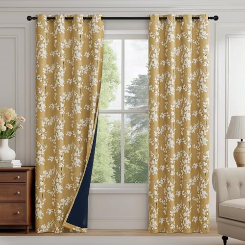 FMFUNCTEX 100% Blackout Curtains for Living Room, Mustard Yellow, 96 inches Long, Floral Pattern Curtains for Bedroom, Thermal Insulated Grommet Curtains, 2 Panels (White on