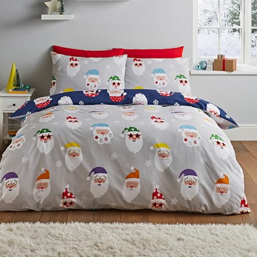 Catherine Lansfield Christmas Santa Spec-Tacular Reversible Single Duvet Cover Set with Pillowcase Grey