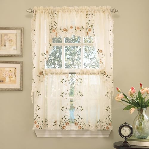 "Sweet Home Collection 5 Pc Kitchen Curtain Valance Swag Choice of 24"" Pair, 36"" Tier Set, Rosemary Linen, 36"" Tier Valance Set"