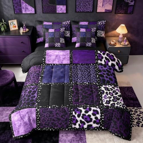 Purple Leopard Print 7 Pieces Bedding Set King Size,Animal Skin Texture Bed in a Bag,Patchwork Geometric Bed Set Includes Comforter,Sheet Set,Pillowcases & Pillow Covers,Farmhouse Bedroom Decor