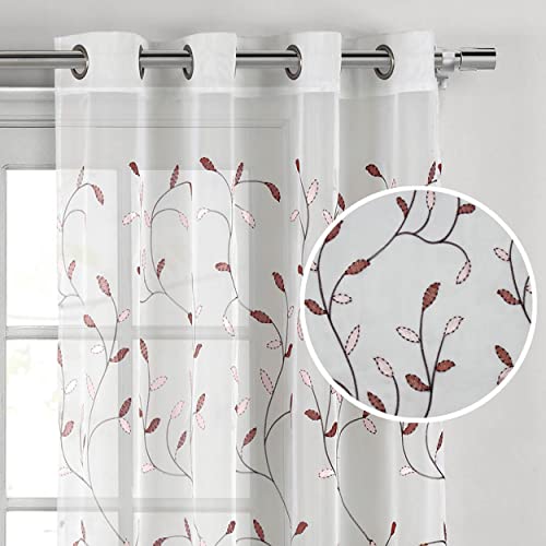 "Creative Home Ideas Sheer Curtains 63 Inch Length Embroidered Floral Curtains, Extra Wide Sheer Curtain 54""x63"", Decorative Leaf Curtains for Living Room, Grommet Curtain Sheers, Pink/Rust Curtains"