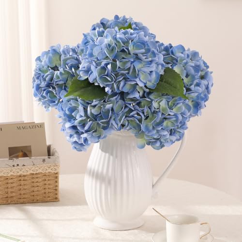 Kisflower 6PCS 22 inch Hydrangea Artificial Flowers Real Touch Blue Faux Hydrangea Flowers with Home Office Decor or Wedding Arrange Holiday and Birthday Party Decorations(Blue)