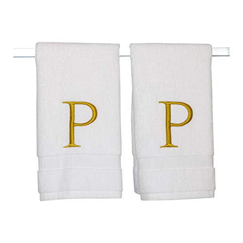 White with Gold Monogrammed Hand Towels for Bathroom - Set of 2 Letter P - Luxury Hotel Quality Initial Towels For Powder Room, Spa, GOTS Organic Certified