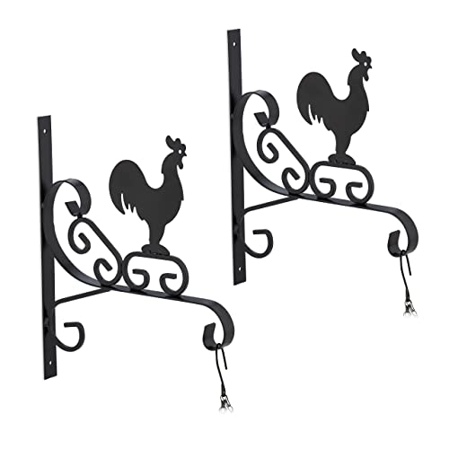 Relaxdays Hanging Basket Brackets, Set of 2, Rooster Design, Wall-Mounted, 30 x 26 x 2 cm, Plant Hanger, Iron, Black