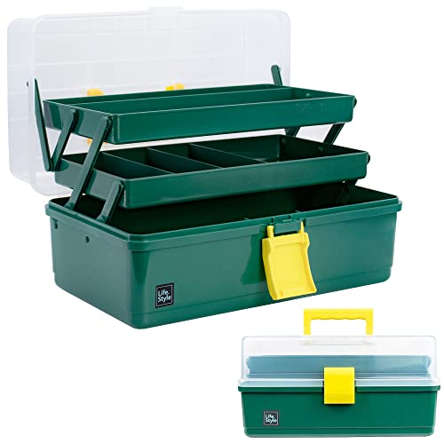 Creahaus 13inch 3 Layer Multipurpose Storage Box, Craft Storage Box with Compartments, Plastic Tool Box, Medicine storage box, Hair Accessories Organiser, Sewing Box with 2 Trays (Dark Green)