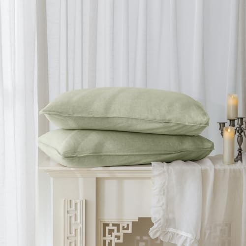 EVERLY 100% Linen Pillowcases Set of 2, Envelope Overlap Closure French Natural Washed Flax Pillowcases 20x36inches-Mint Green