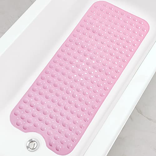 Linoows Bathtub and Shower Mats, Extra Long Non-Slip Bath Mat 39 x 16 Inch, Bath Tub Mat with Suction Cups & Drain Holes for Bathroom, Pink