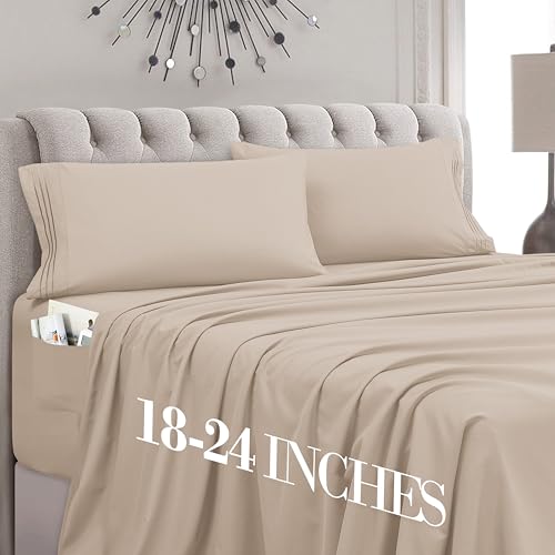 Mocassi Twin Size 4-Piece Bed Sheet Set - 1800 Premium Hotel Quality Microfiber 18-24 Inches Extra Deep Pocket Fitted Sheet- Luxury Soft, Breathable, Wrinkle, and Fade Resistant, Cream