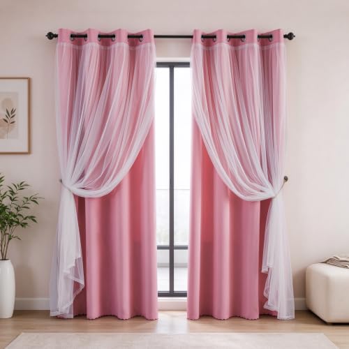 indistar Home Blackout Curtains Double Layer Solid Sheer Grommet Top Window Curtain Panel Pair, 52Wx63L,Pink